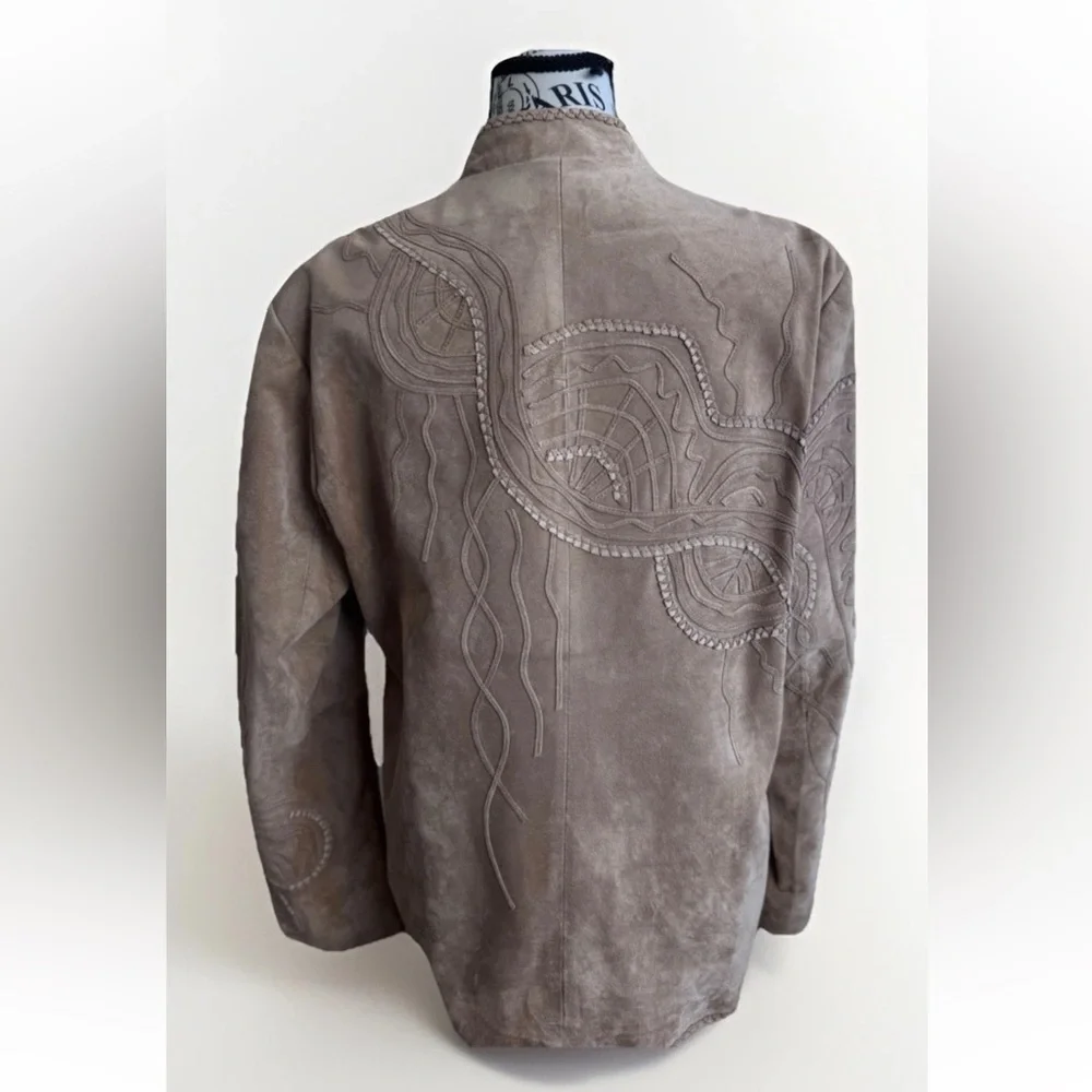 Chico’s Tan Brown Leather Suede Boho Festival Embroidered Zip Up Jacket Women’s